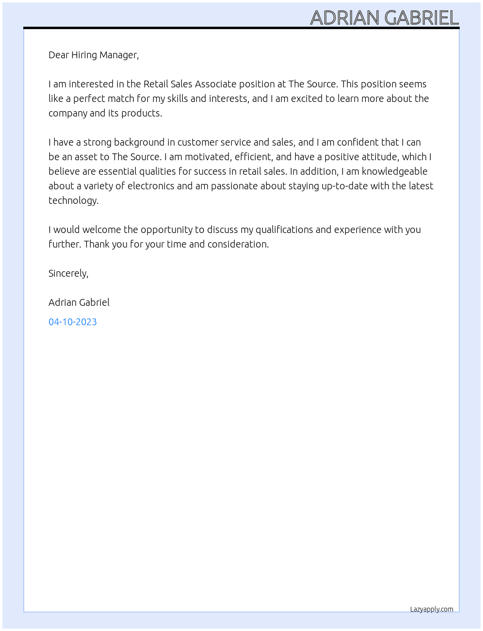 Retail Sales Associate,  At The Source Cover Letter