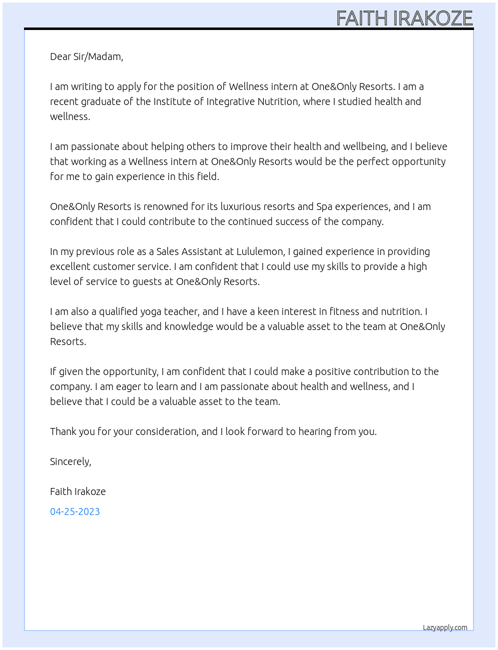 Wellness intern At One&Only Resorts Cover Letter
