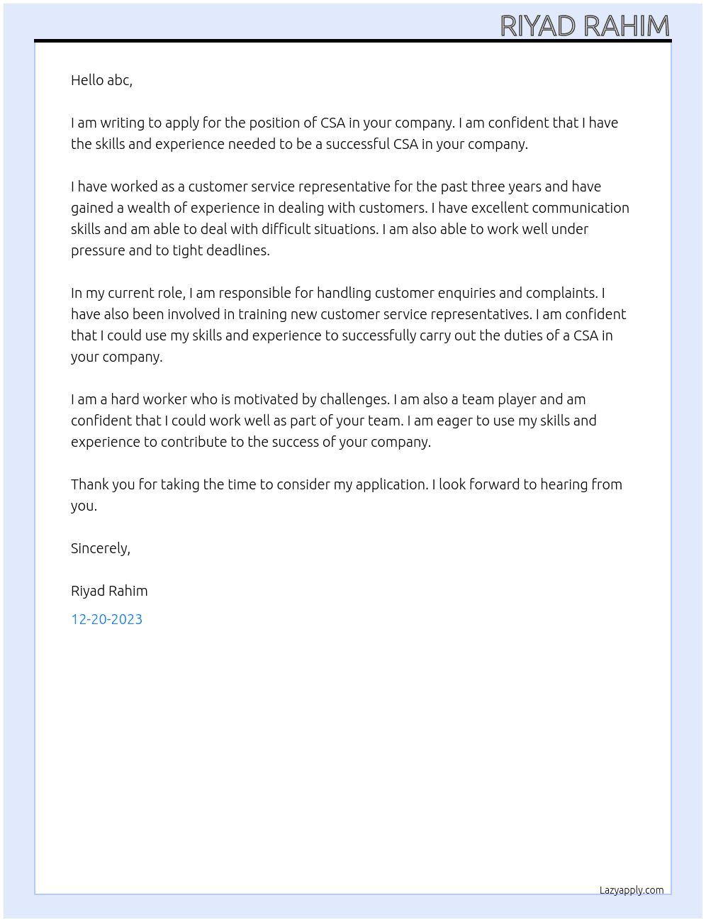 CSA At abc Cover Letter