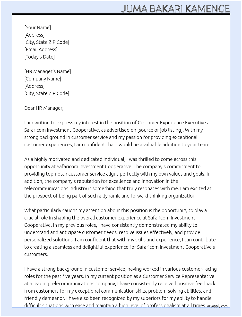 Customer Experience Executive At Safaricom Investment Cooperative Cover Letter