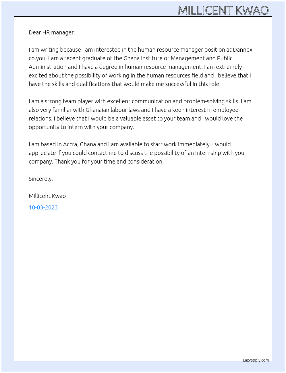 Human resource manager  At Dannex co.you  Cover Letter