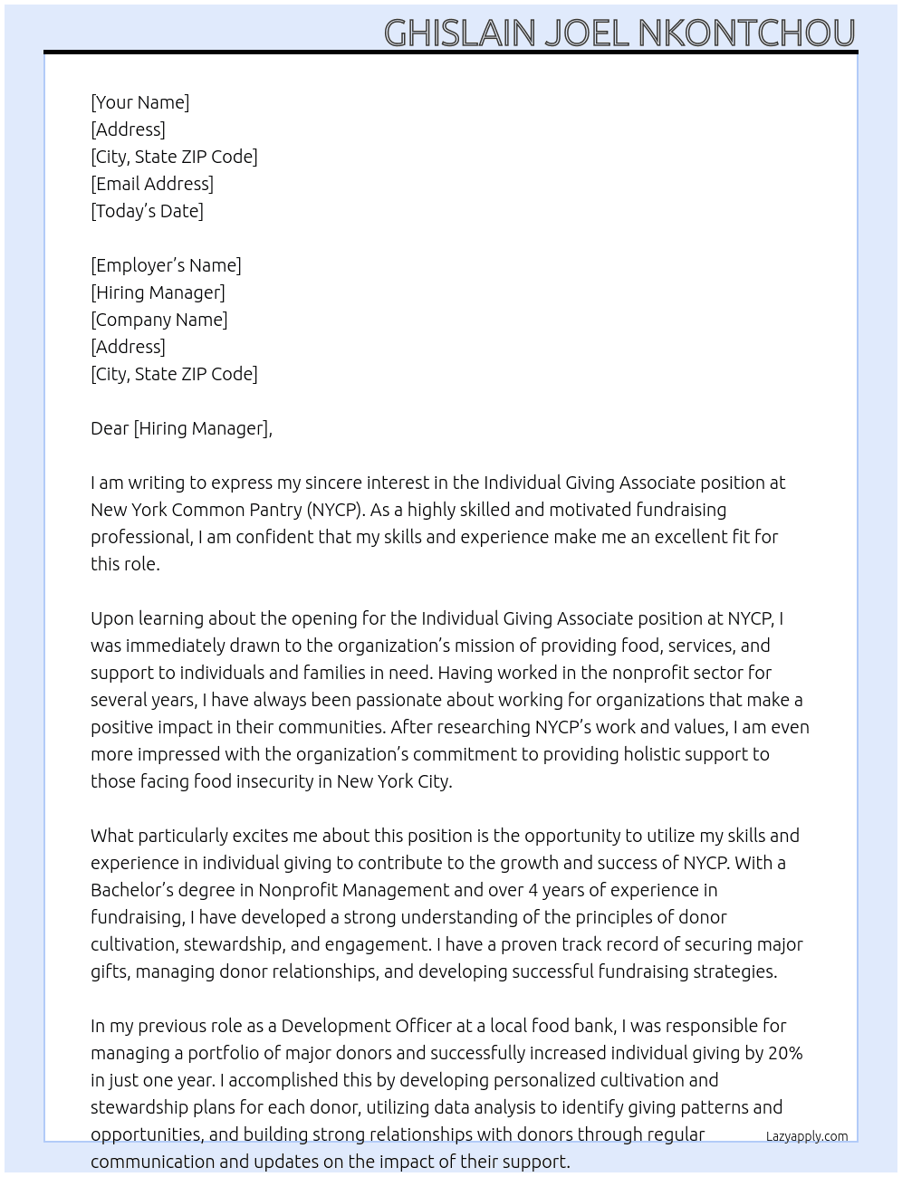 Individual Giving Associate At New York Common Pantry (NYCP) Cover Letter
