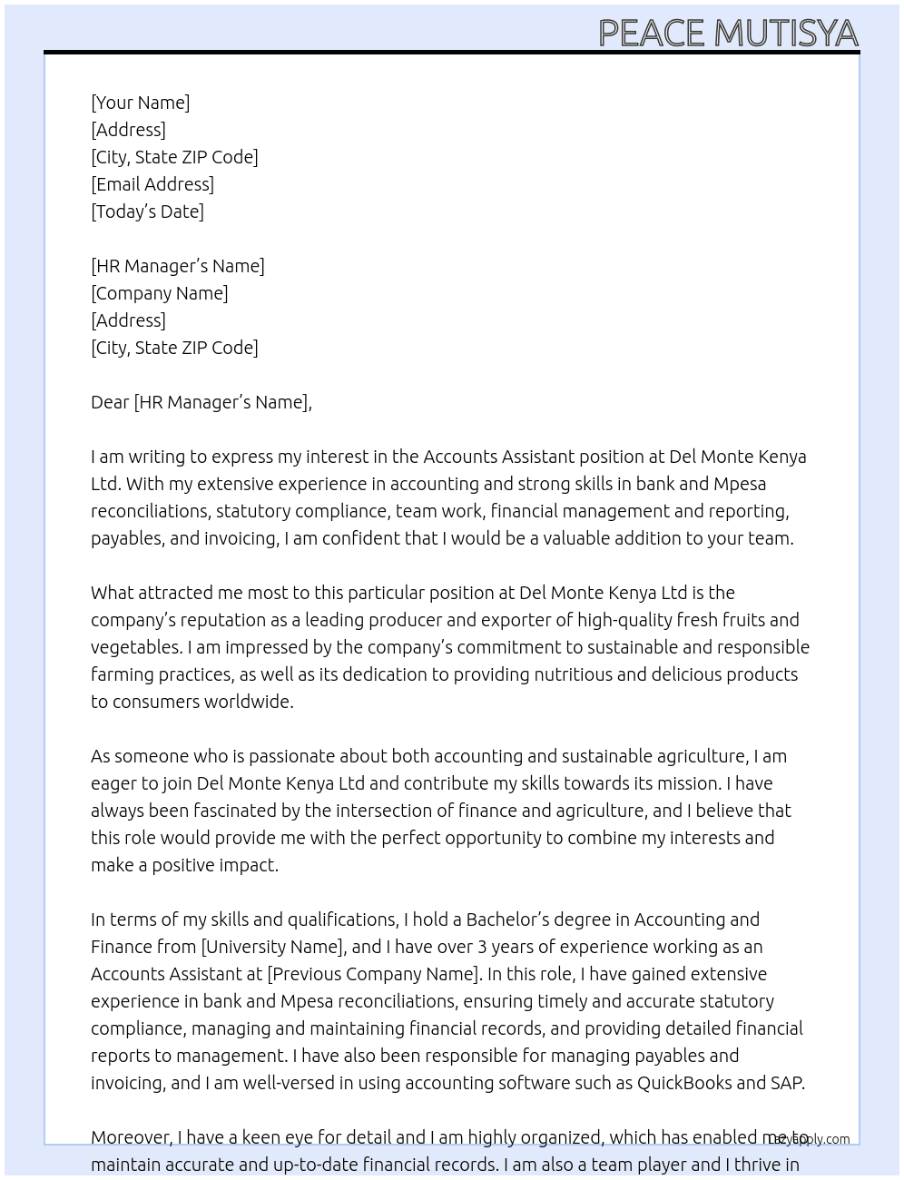 Accounts Assistant At Del Monte Kenya Ltd Cover Letter