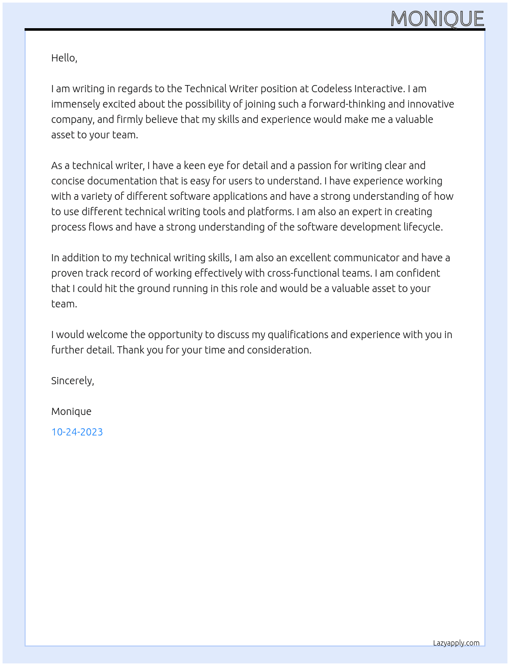 technical writer At Codeless Interactive Cover Letter