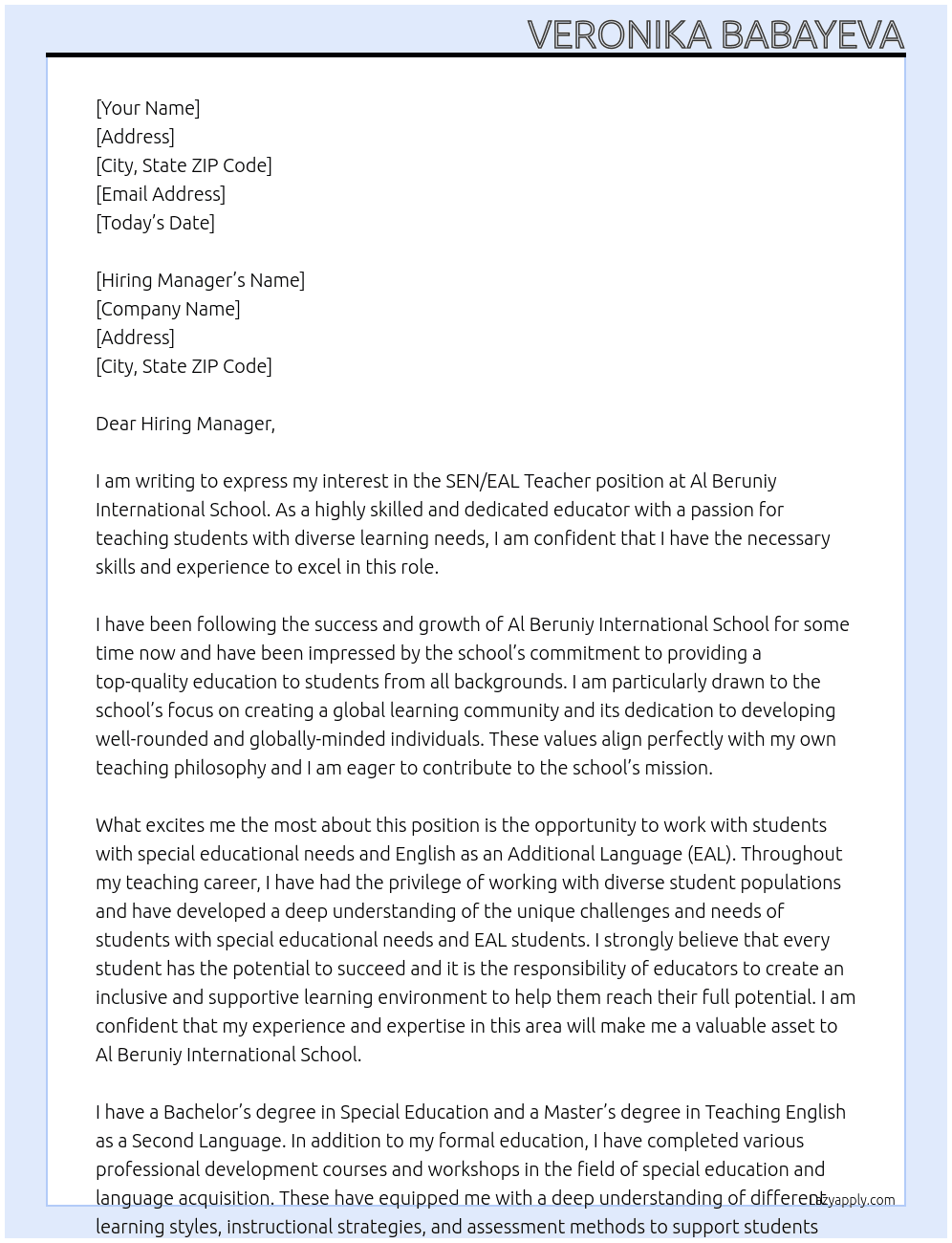 SEN/EAL Teacher At Al Beruniy International School Cover Letter