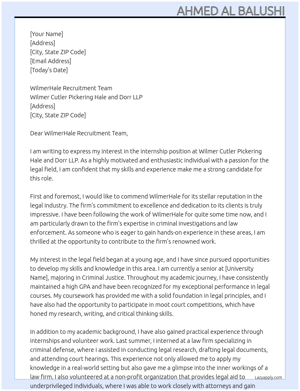 Internship At Wilmer Cutler Pickering Hale and Dorr LLP Cover Letter