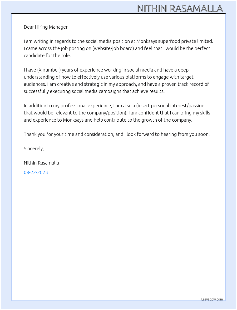 Social media At Monksays superfood private limited  Cover Letter