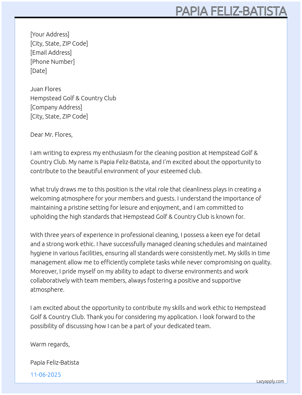 CLEANING At HEMPSTEAD GOLF & COUNTRY CLUB Cover Letter