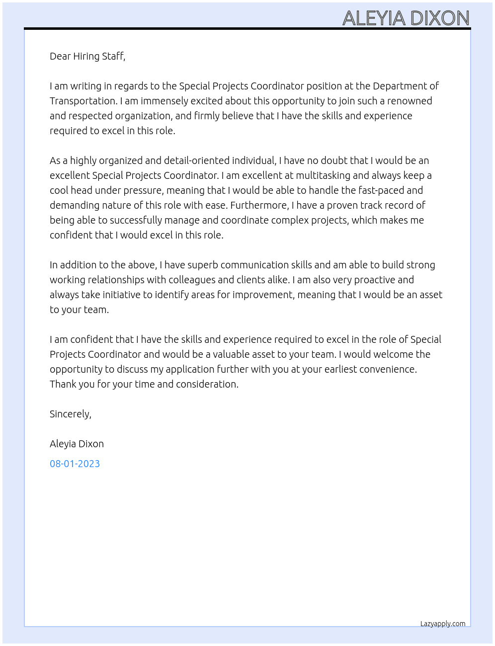 Special Projects Coordinator At Department of Transportation Cover Letter