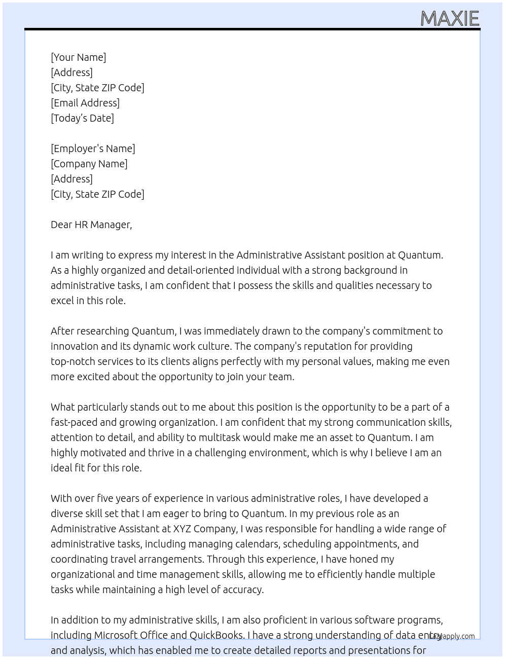 Administrative Assistant At Quantum Cover Letter