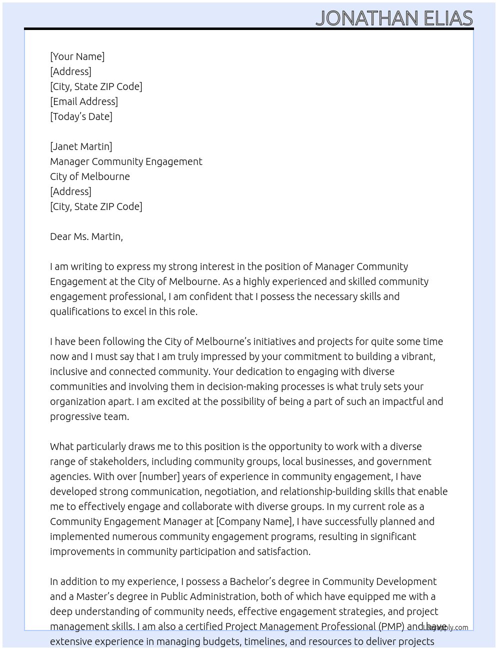 Manager Community Engagement At City of Melbourne Cover Letter