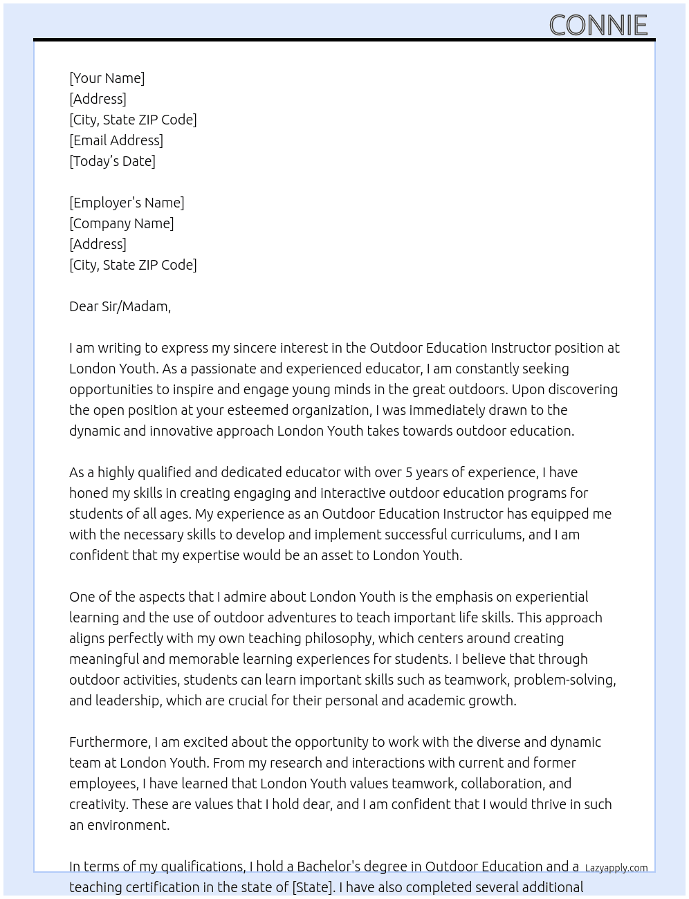 outdoor education instructor  At london youth  Cover Letter