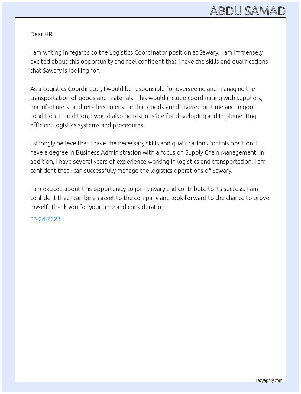 Logistics Coordinator At SAWARY Cover Letter
