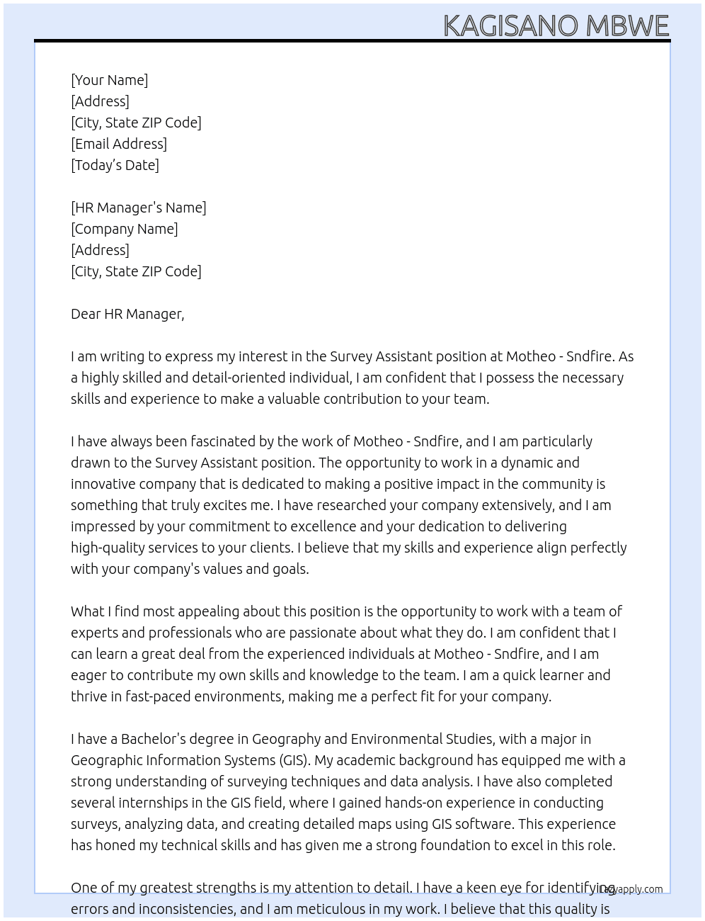Survey Assistant At Motheo - Sndfire Cover Letter