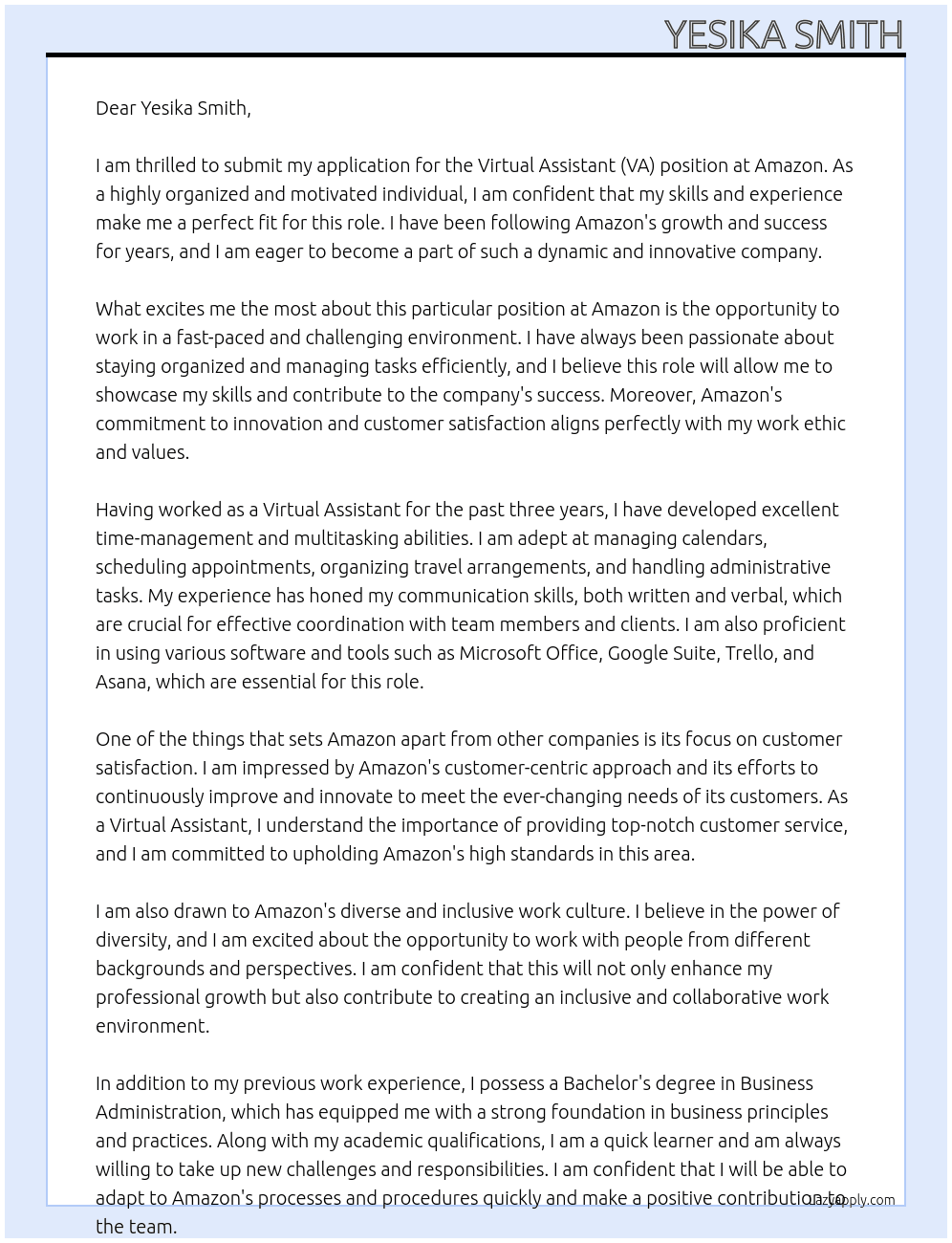 VA At amazon Cover Letter