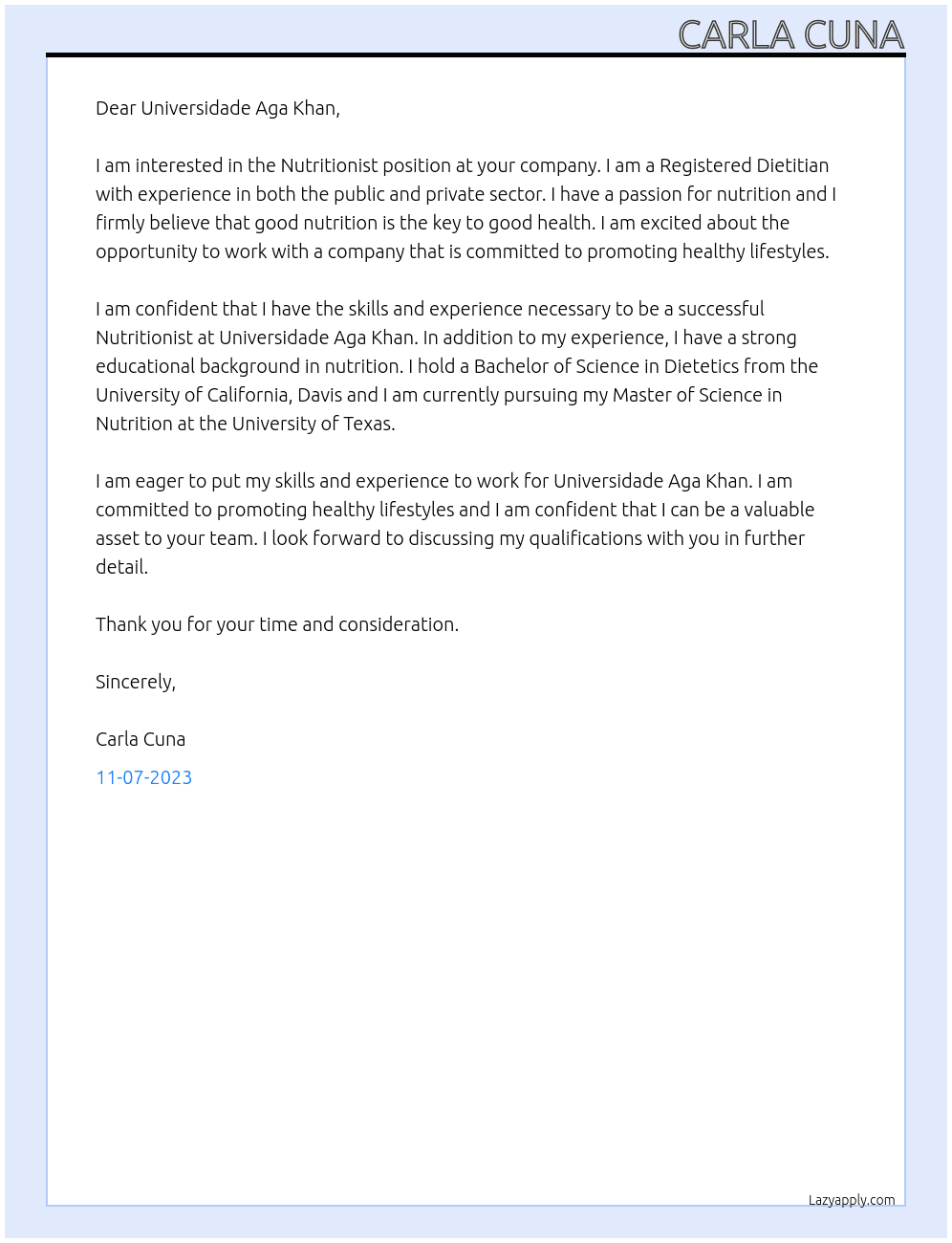 Nutritionist At Universidade Aga Khan Cover Letter