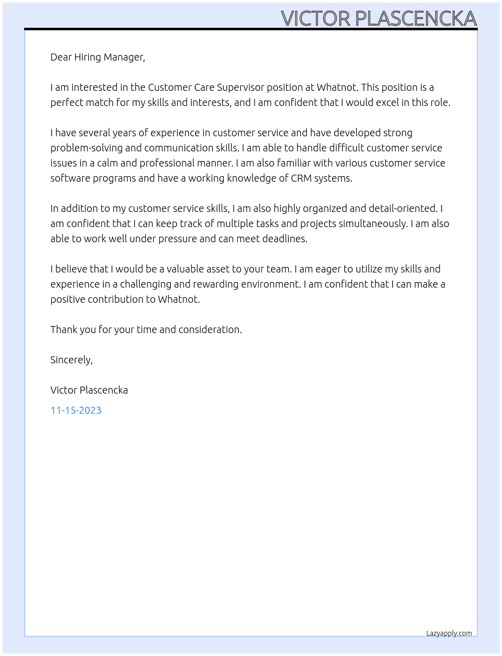 Customer Care Supervisor  At Whatnot Cover Letter