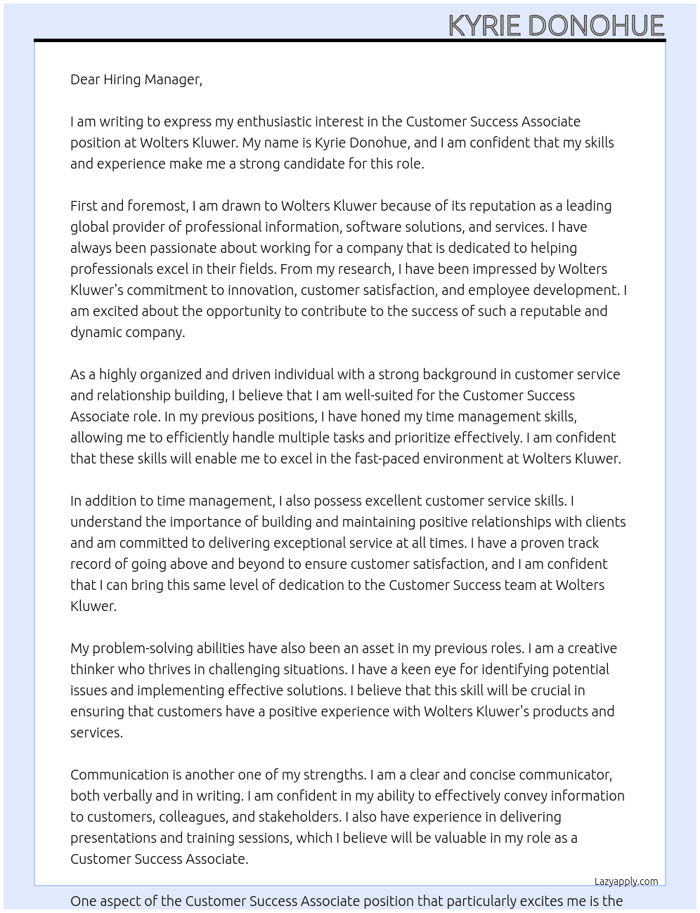 Customer Success Associate At Wolters Kluwer Cover Letter