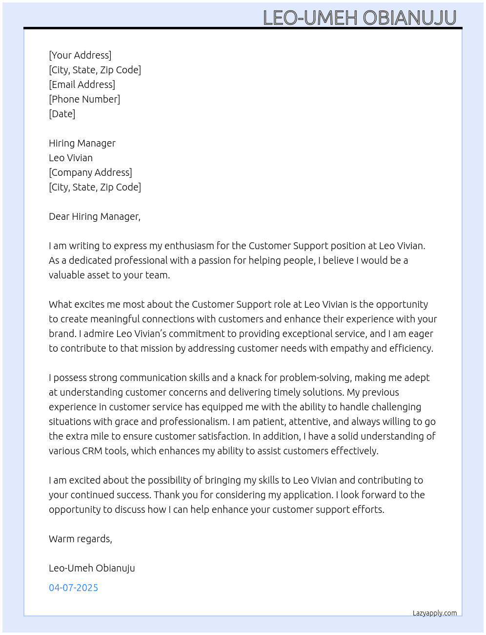 customer support At Leo Vivian  Cover Letter