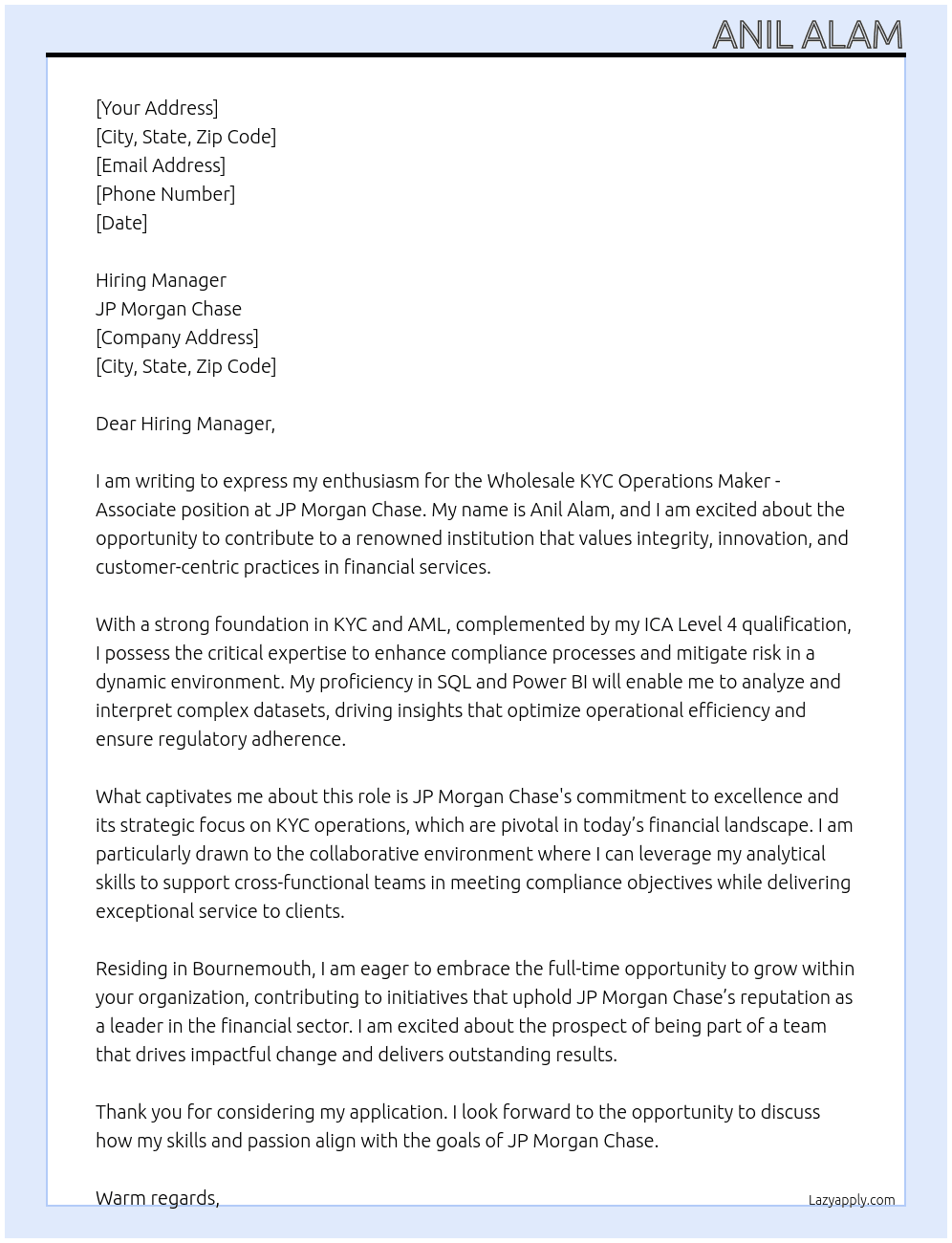 Wholesale KYC Operations Maker - Associate  At JP Morgan chase Cover Letter