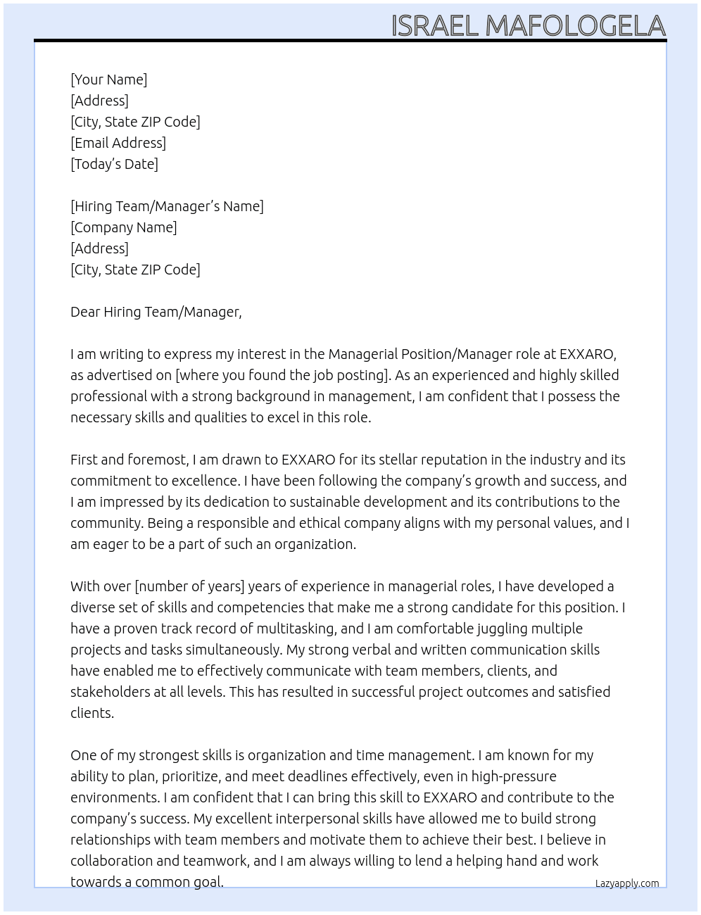 Managerial Position/ Manager At EXXARO Cover Letter