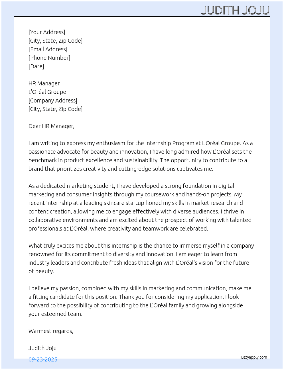 Cover letter for intership program l'oreal groupe - LazyApply