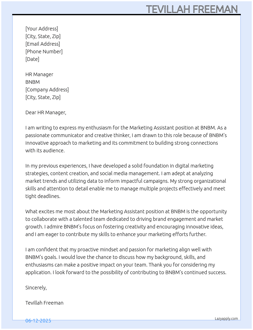 Marketing Assistant  At BNBM Cover Letter