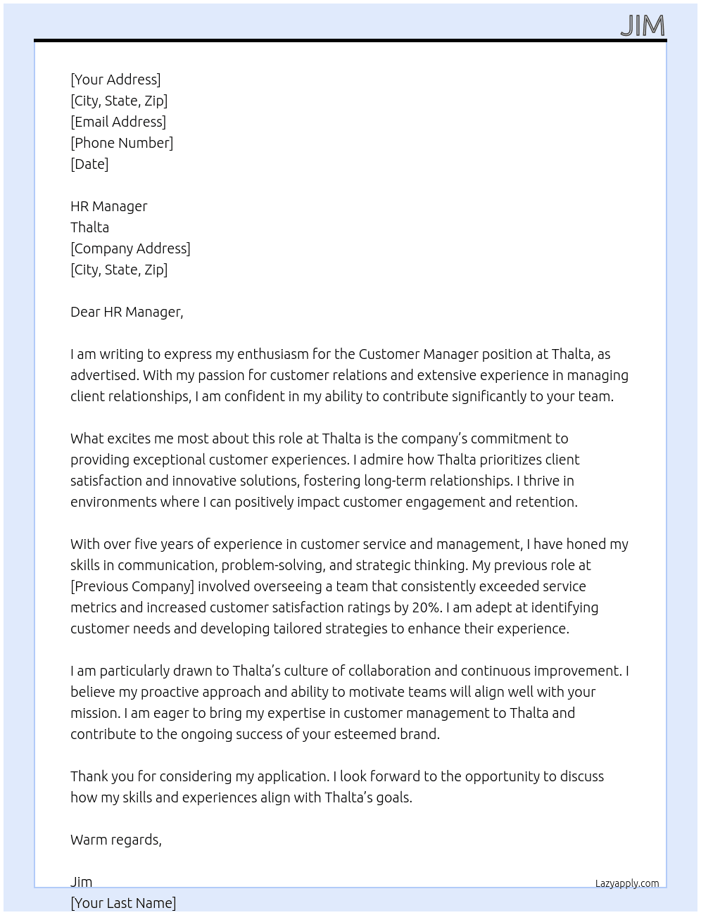 customer manager At thalta Cover Letter