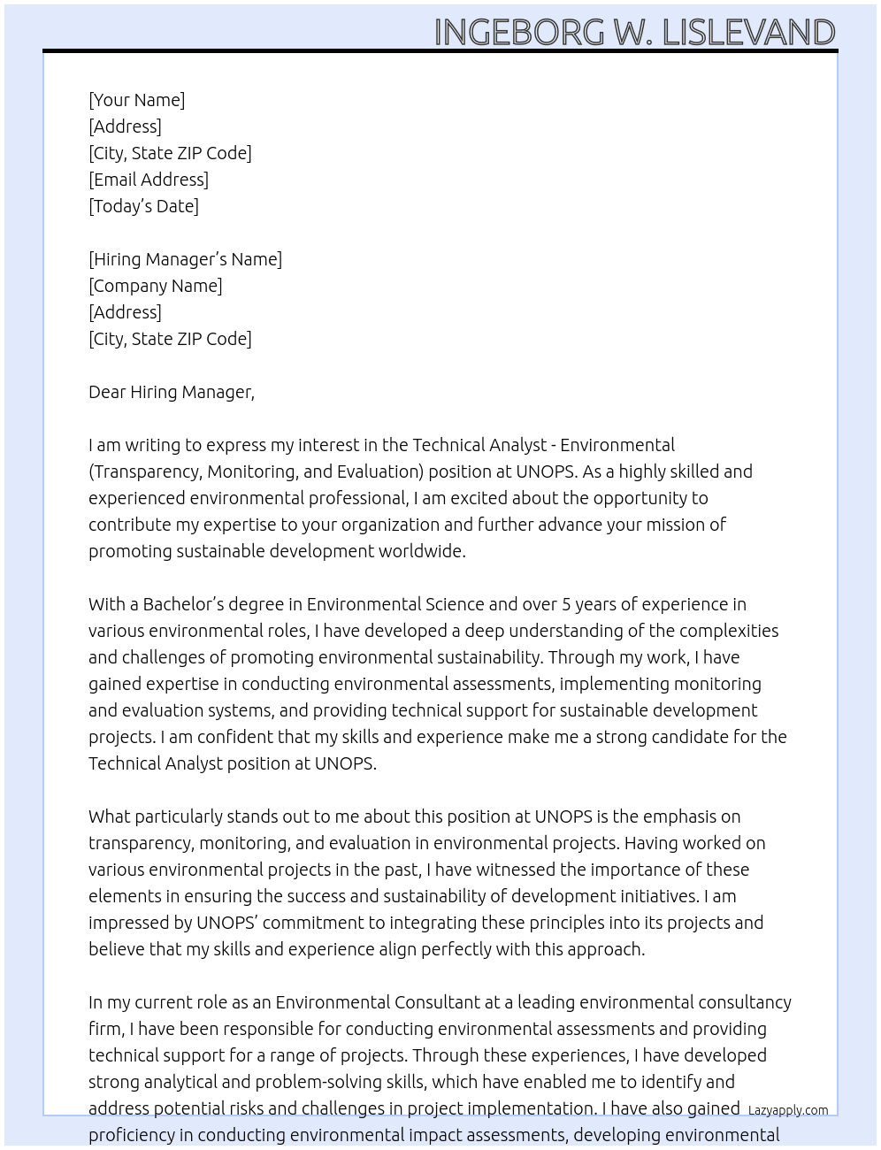 Technical Analyst - Environmental (Transparency, Monitoring, and Evaluation) At UNOPS Cover Letter