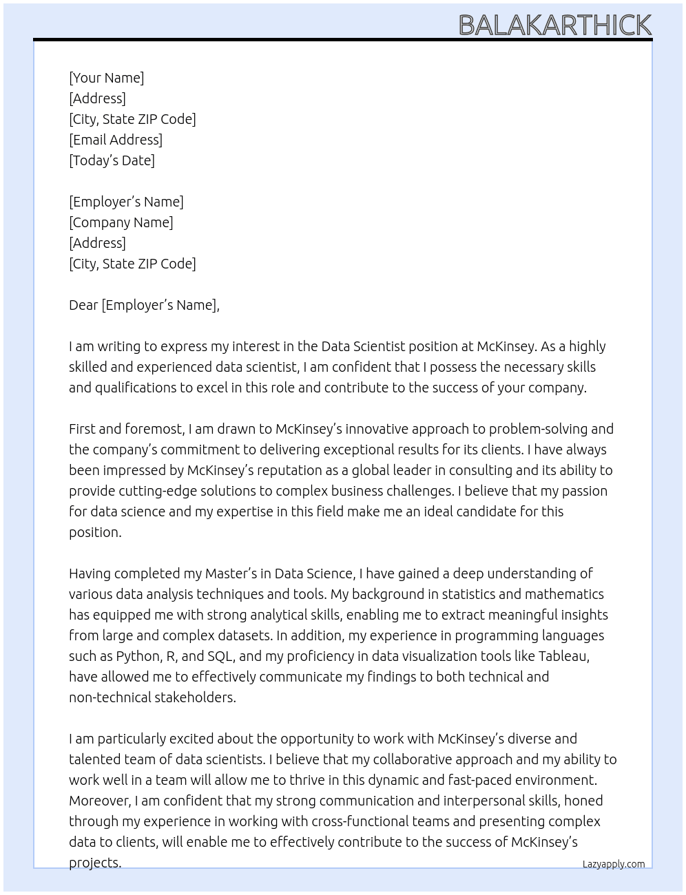 data scientist At mckinsey Cover Letter