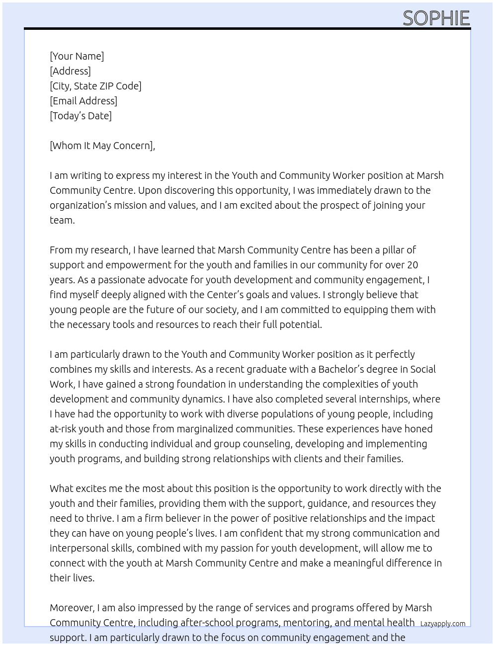 Cover letter for youth and community worker - LazyApply