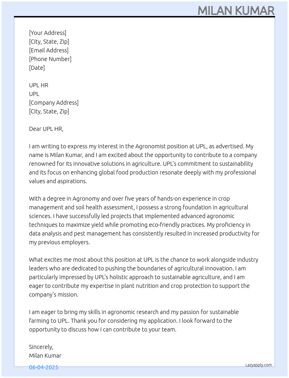 Agronomist At UPL Cover Letter