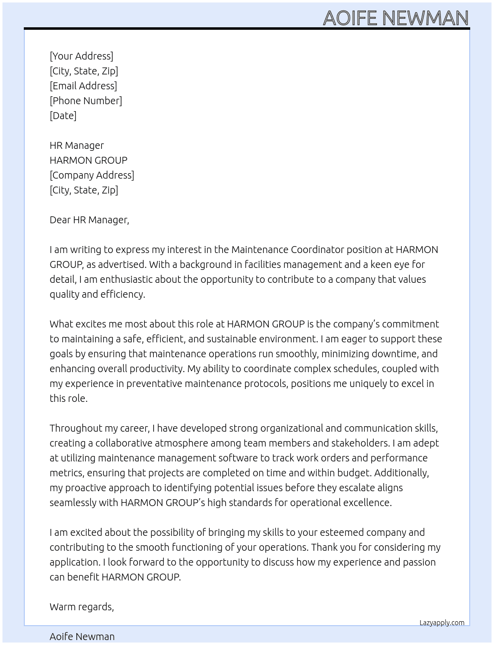 Maintaince co ordinator At HARMON GROUP Cover Letter