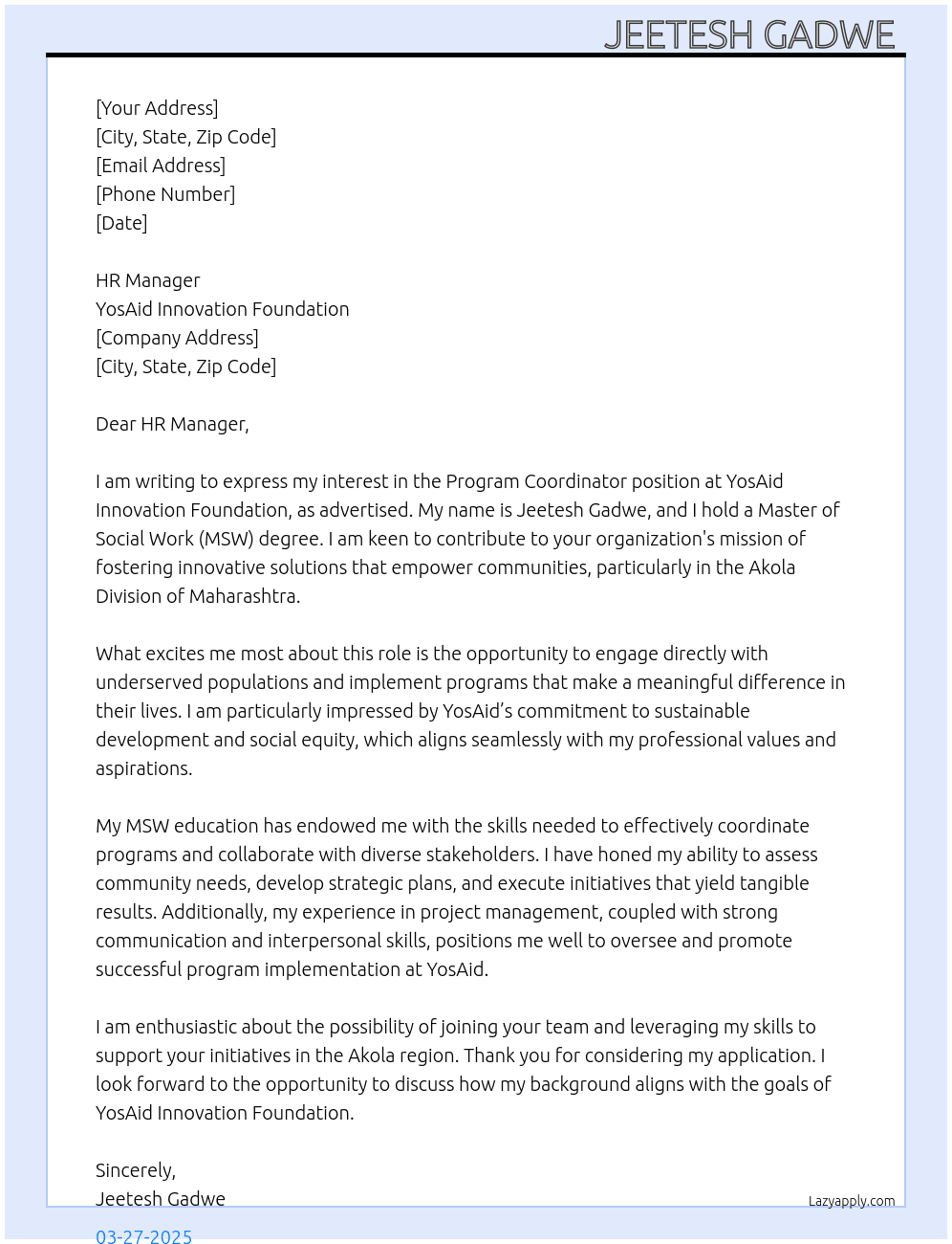 Program Coordinator At YosAid Innovation Foundation Cover Letter