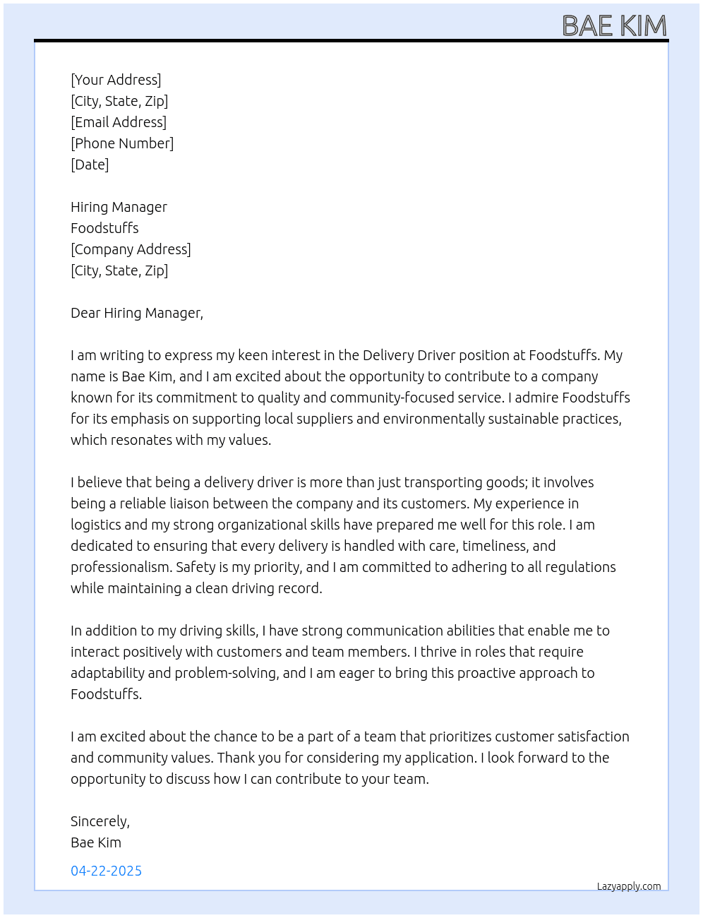 delivery driver At Foodstuffs Cover Letter