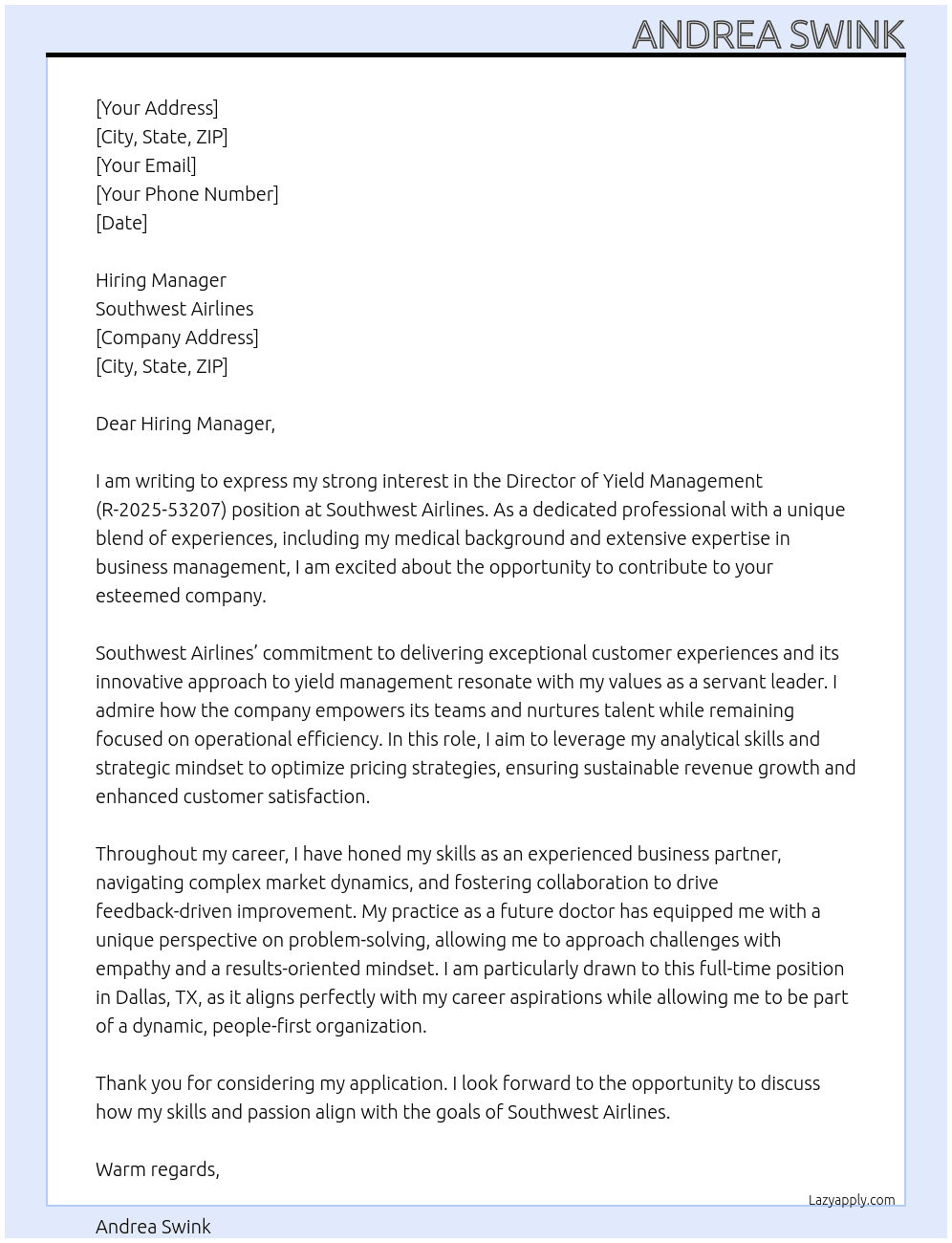 Director Yield Management (R-2025-53207) At Southwest Airlines Cover Letter