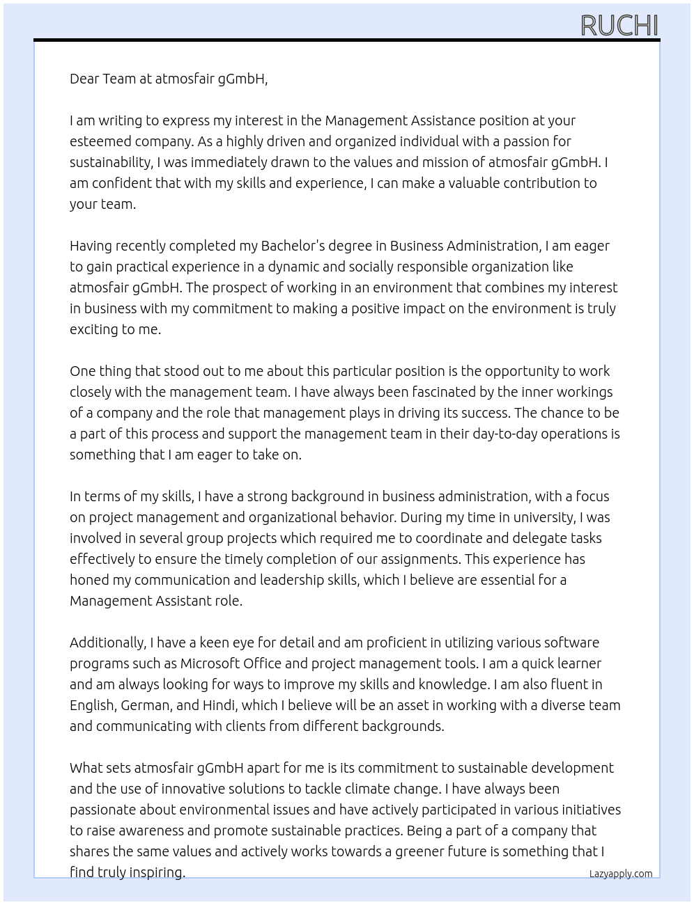 Management assistance At atmosfair gGmbH Cover Letter