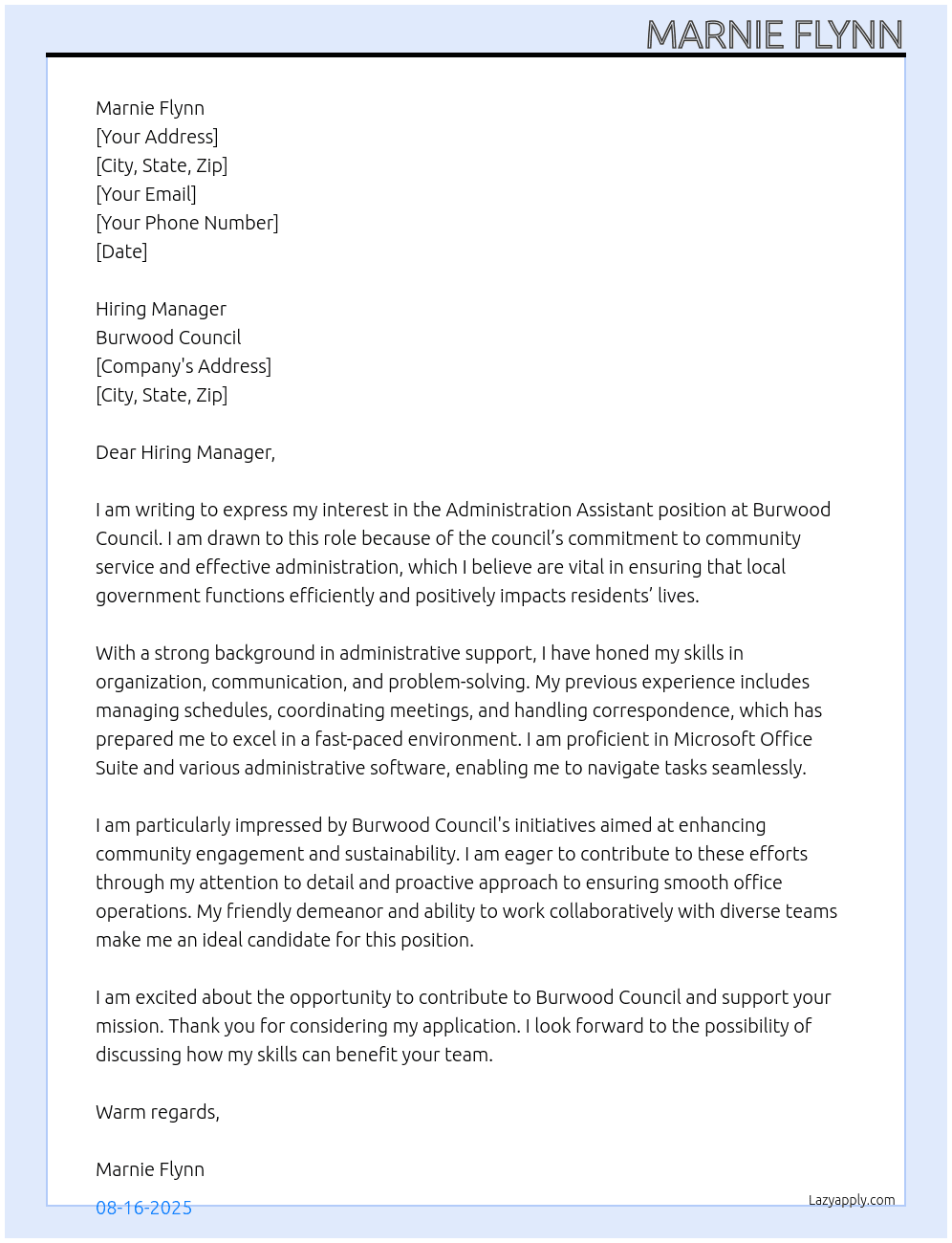 Administration Assistant At Burwood Council Cover Letter