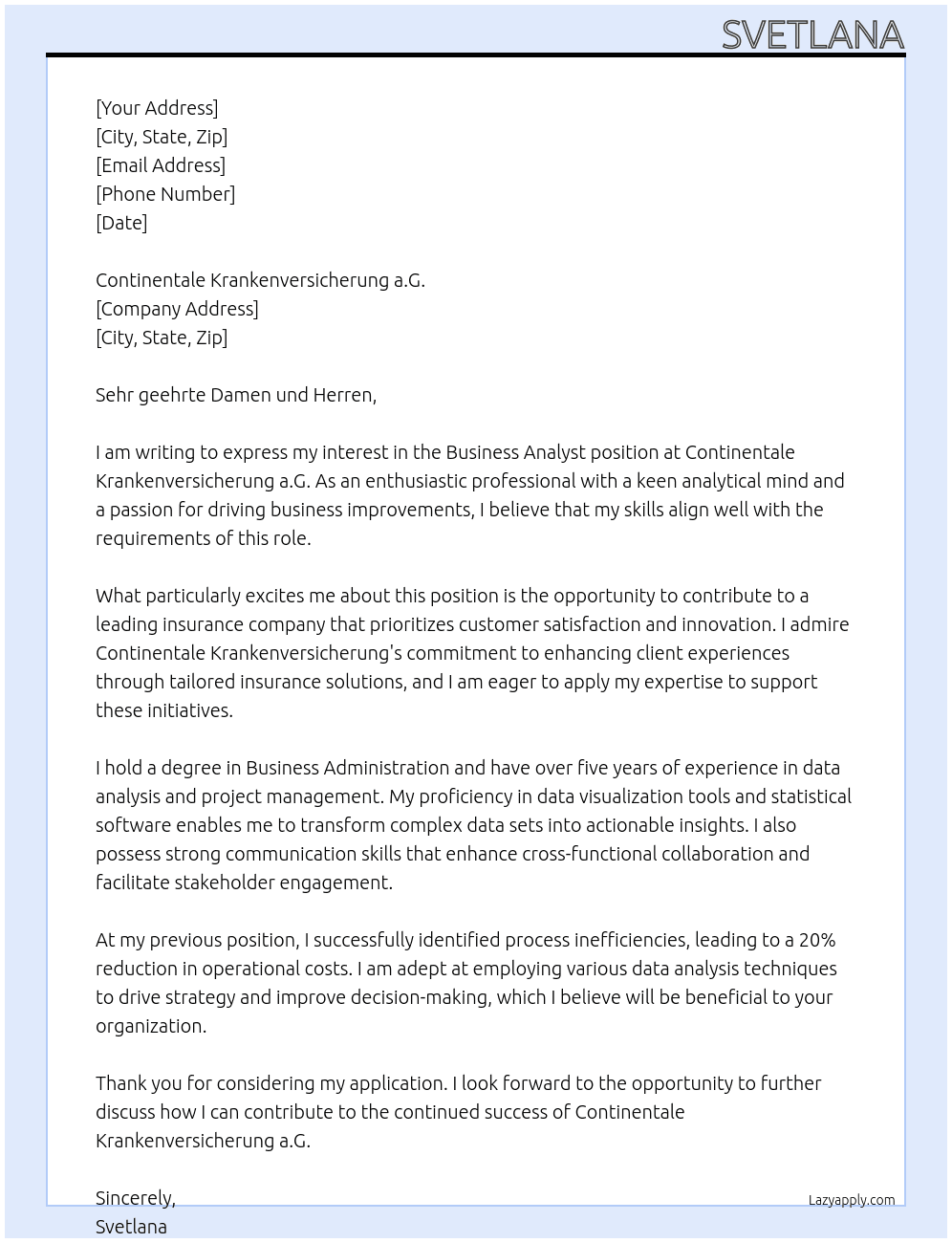 Business Analyst At Continentale Krankenversicherung a.G. Cover Letter