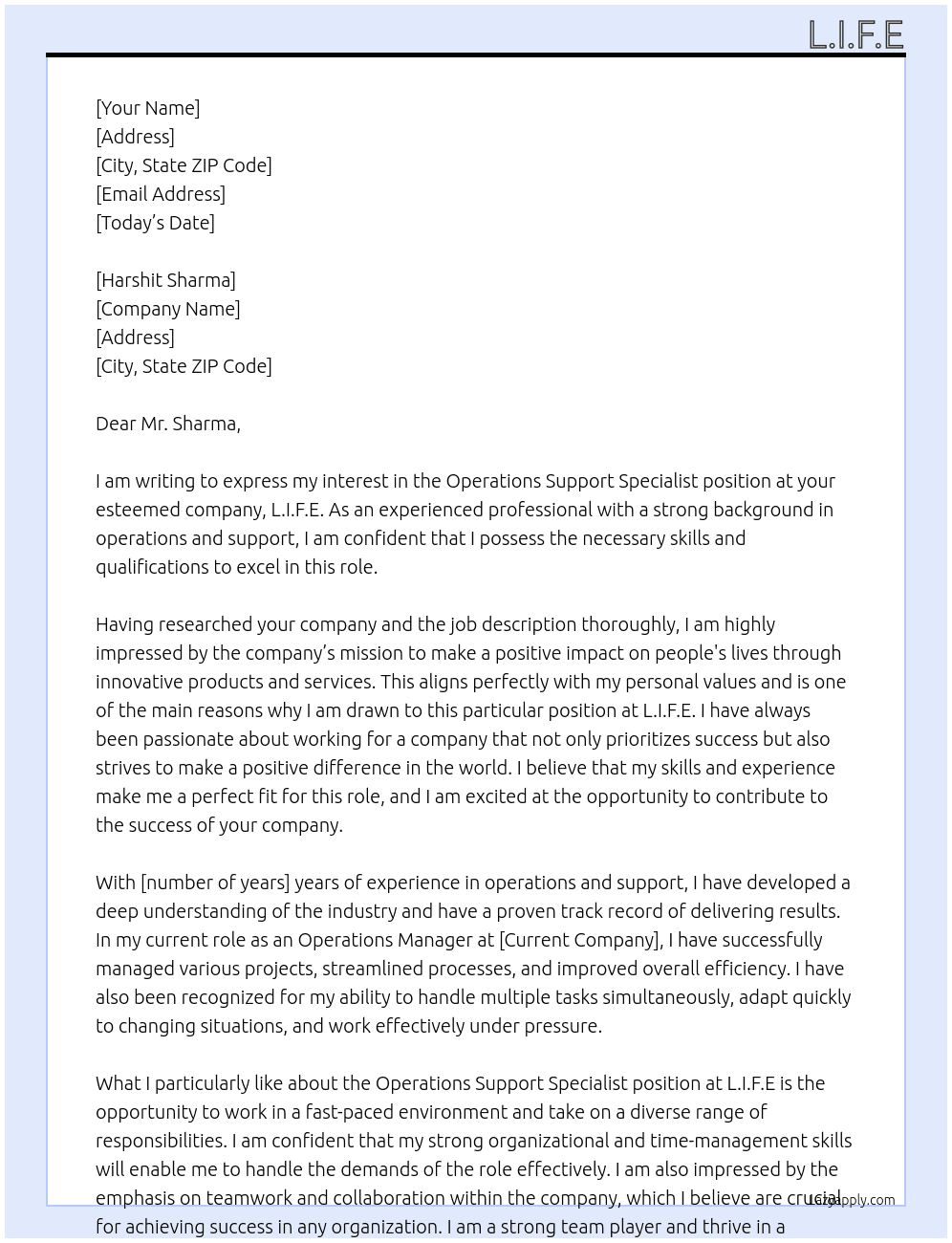 Operations Support Specialist' At harshit sharma Cover Letter
