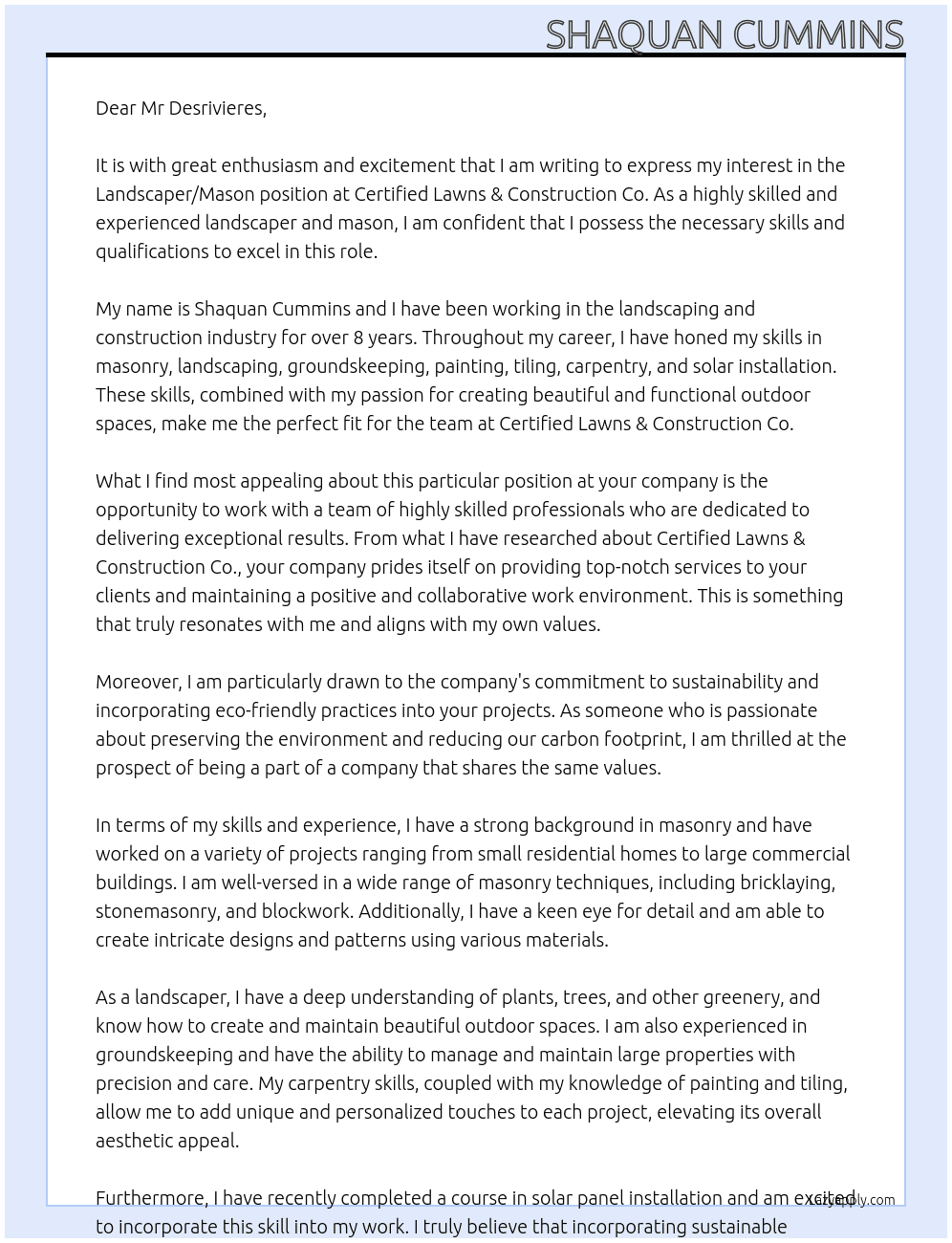 Cover letter for landscaper/mason - LazyApply