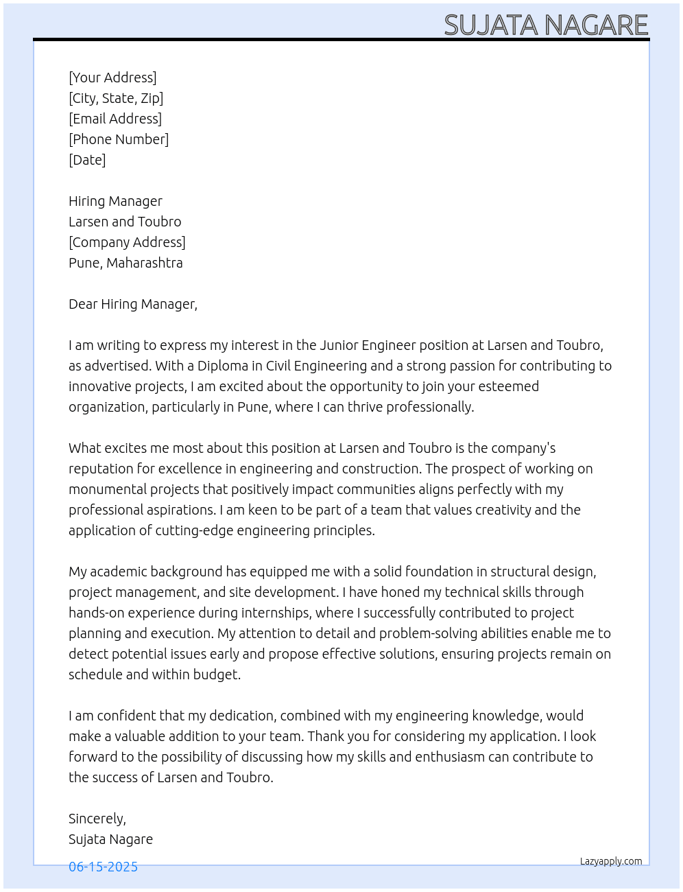 Junior Engineer  At Larsen And Turbo  Cover Letter