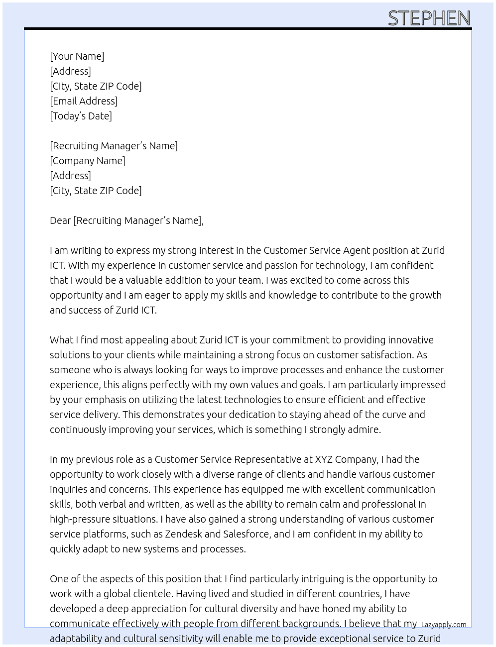 Customer Service Agent At Zurid ICT Cover Letter