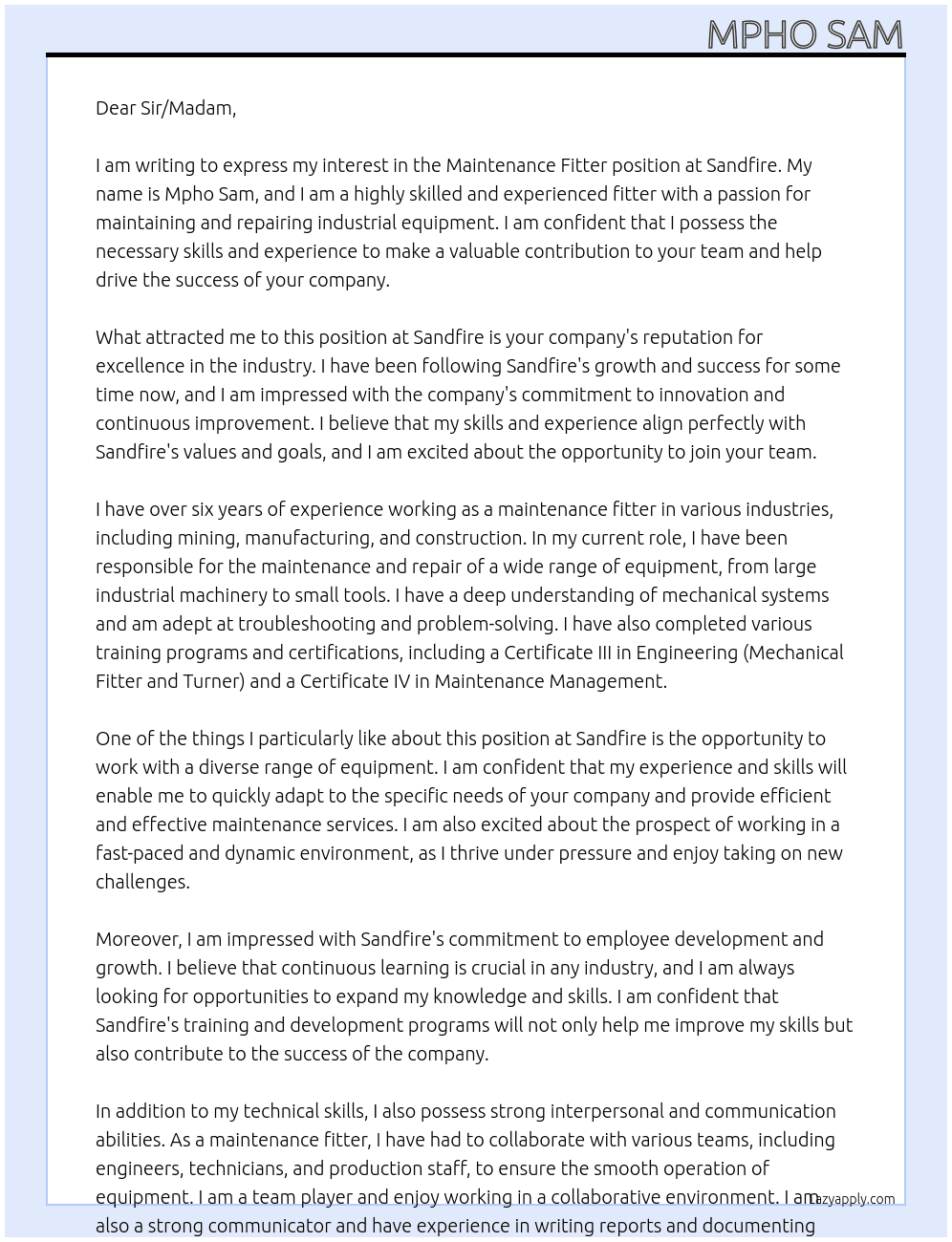 Maintenance fitter At Sandfire Cover Letter