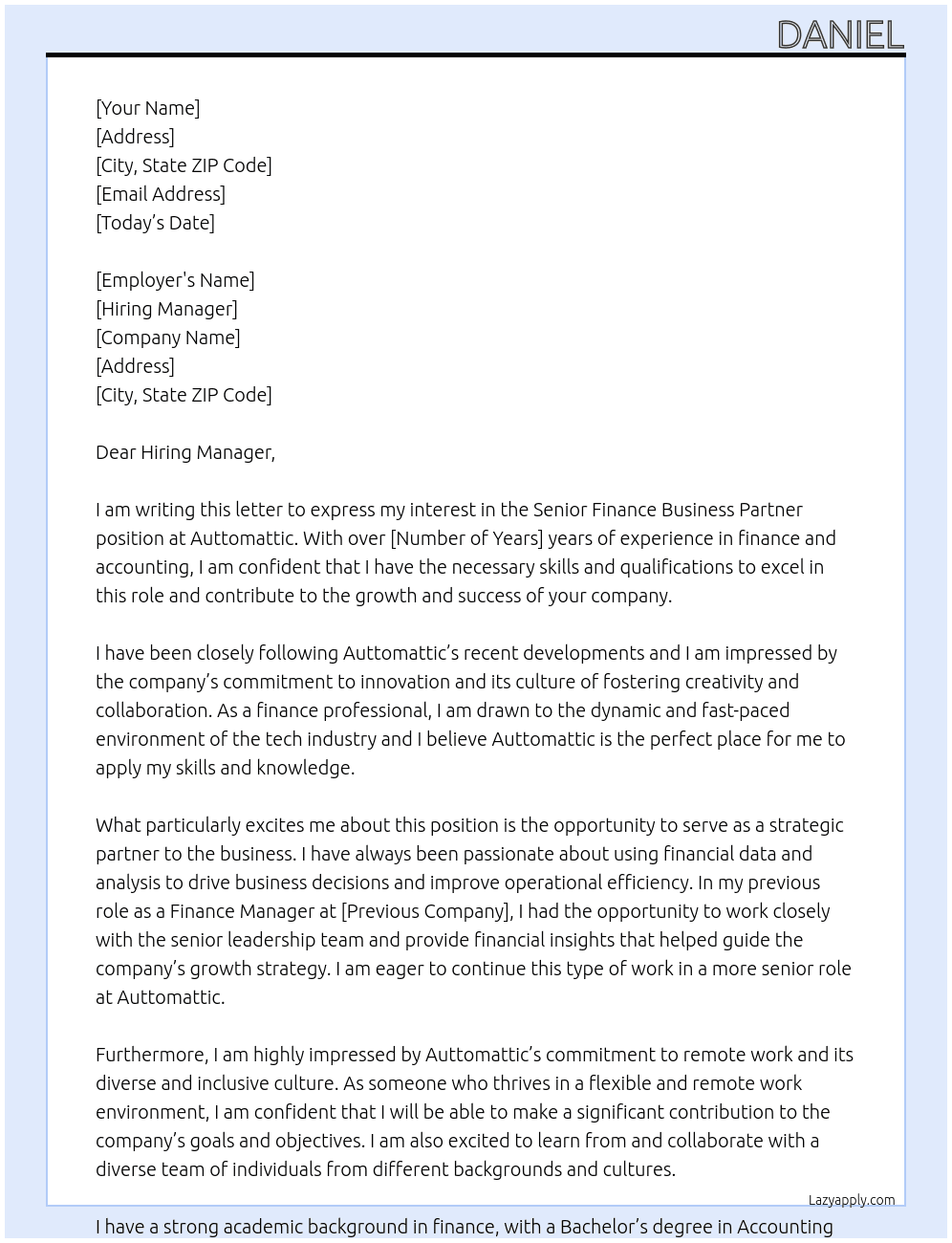 Senior Finance Business Partner At Auttomattic Cover Letter