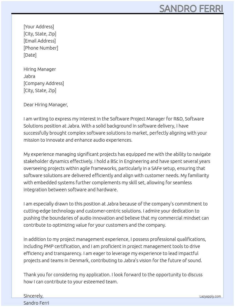 Software Project Manager for R&D, Software Solutions At Jabra Cover Letter