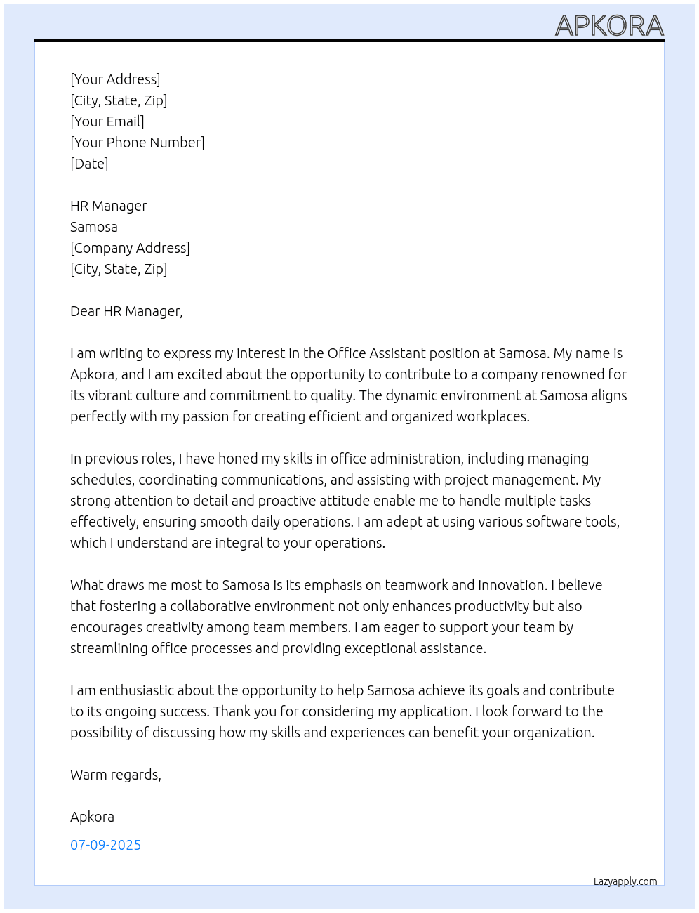 Office assistant  At Samosa Cover Letter