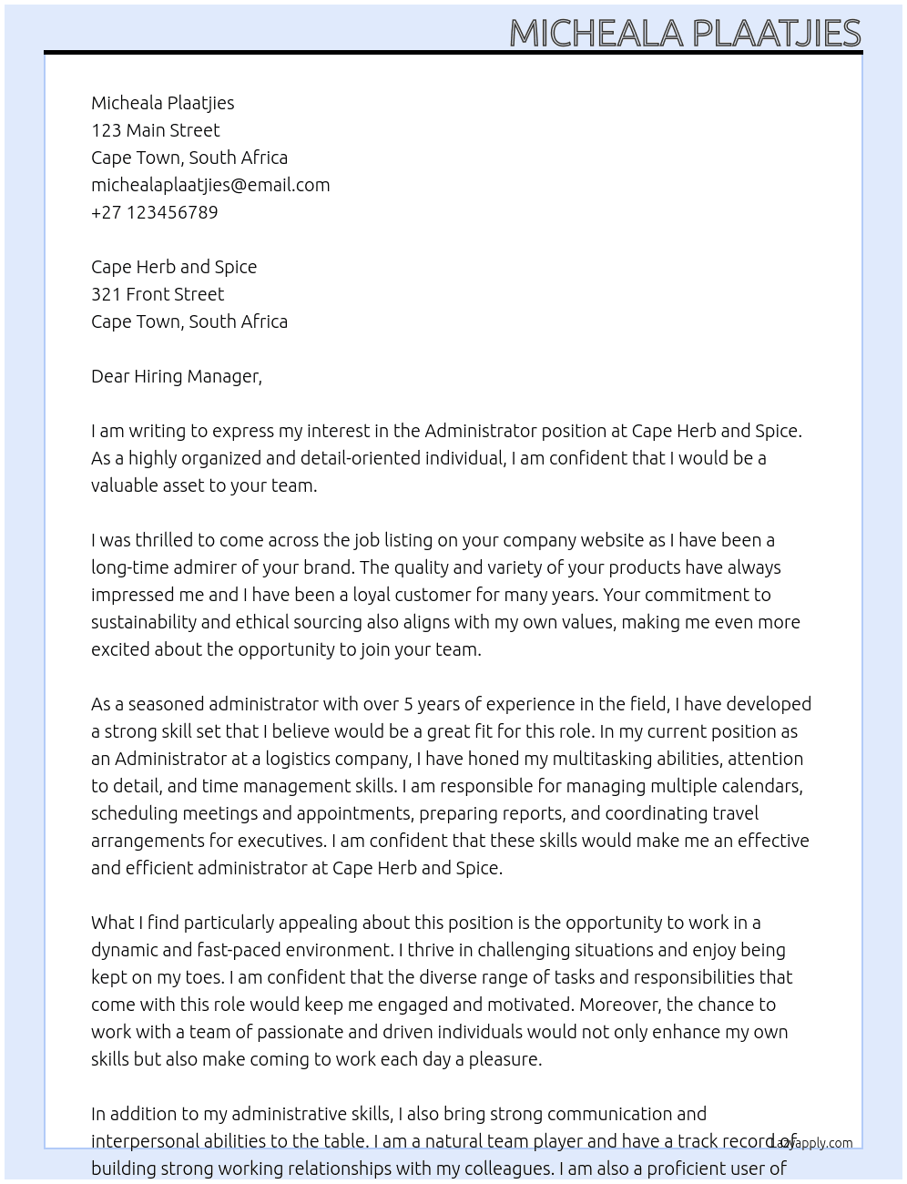 Administartor At Cape herb and spce Cover Letter