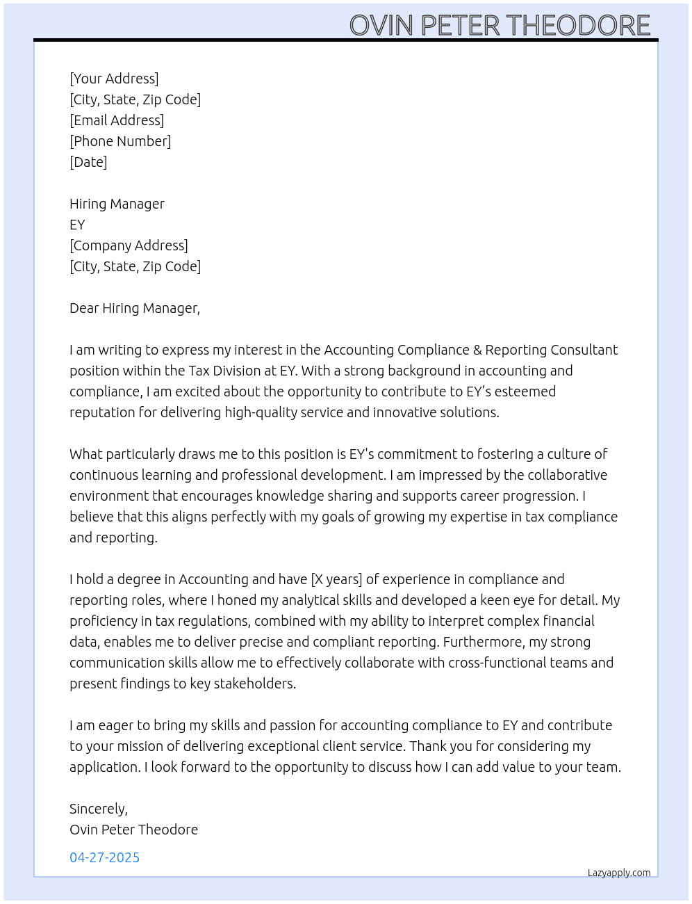 Cover letter for accounting compliance & reporting consultant - tax devision - LazyApply