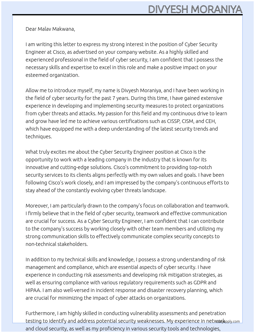 Cover letter for cyber security engineer - LazyApply